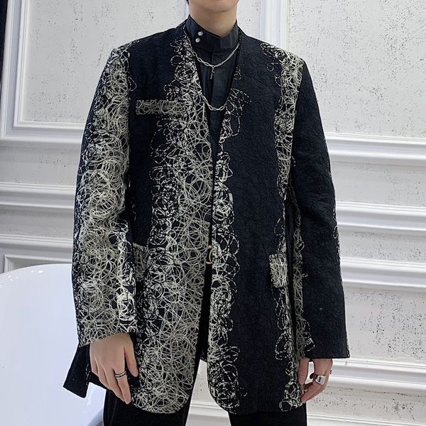 

fashion slim fit long blazer jacket male hip hop dancer singer dj suit coat outerwear stage clothes men vintage pattern print, White;black