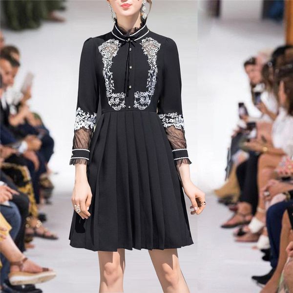 

2019 designer mesh embroidery women black mini dress clothes spring long sleeve lady party dresses vestidos, Black;gray