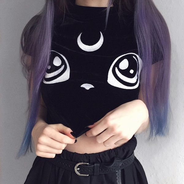 

jiezuofang women t-shirts casual club gothic punk streetwear slim stand collar cartoon print summer female fashion, White