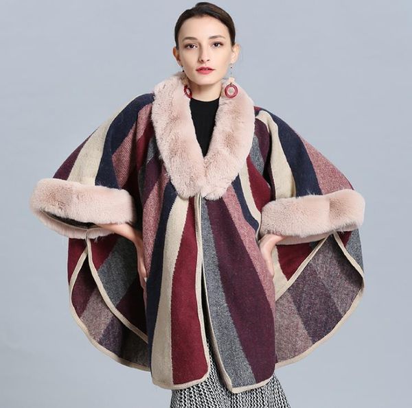 

new autumn winter women's stripe loose poncho knitwear coat faux fur v collar cardigan shawl cape cloak outwear coat c4057, Black