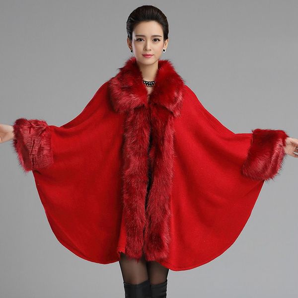 

осень и зима женщин накидка новая женщина зимняя куртка меха накидка вязаные кардиганы capeponcho фуфайки женщин одежда балахон траншеи паль, Black