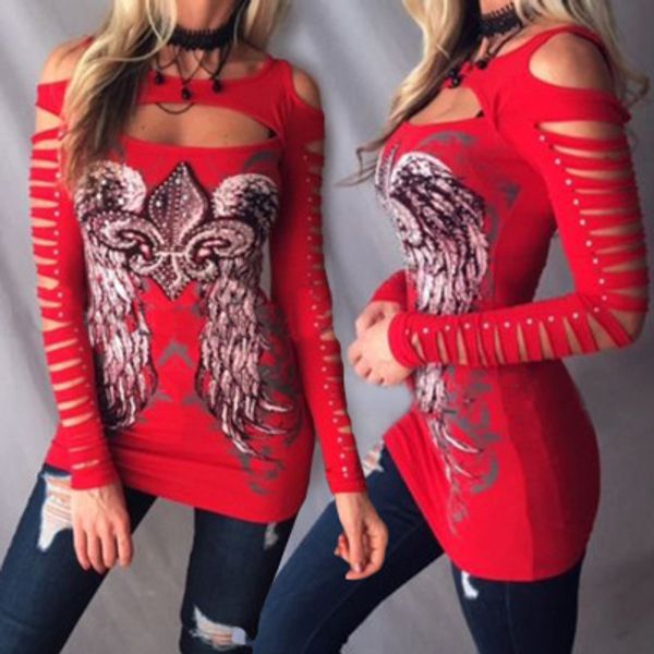 

2019 new arrival womens long sleeve t shirt spring hollow out women t shirt fashion casual womens printed clothing size s-2xl, White