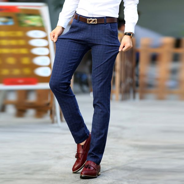 

plaid pants men cotton slim fit straight elasticity stretch classic dress pants male suit business casual long chino trouser men, Black