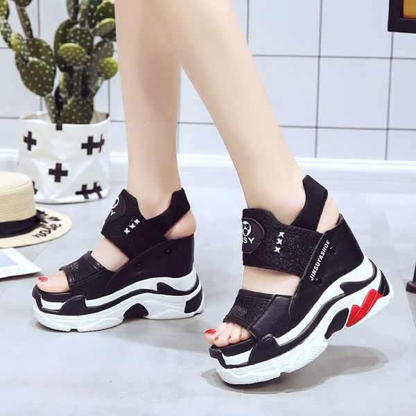 

sandals 11.5cm/4.5 inch height wedge fashion shoes woman flat platform women's summer thick bottom high heel outdoor, Black