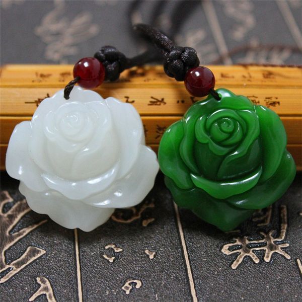 

certificate natural green jade rose leather/beads necklace pendant rope lucky amulet jewelry gemstone gift with box, Silver