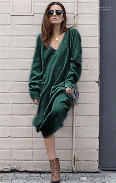 

designer deep v neck dress casual loose long sleeve apparel autumn ladies solid color dresses fashion, Black;gray