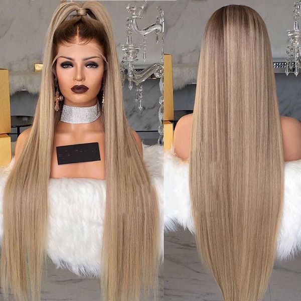 

stock 30inches long blonde lace frontal wig pre plucked with baby hair straight ombre synthetic full lace front wigs for women, Black