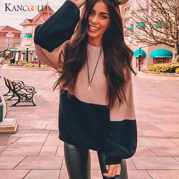 

kancoold sweater fashion women knitt patchwork pullover long sleeve sweater o-neck lantern sleeve new women 2019jul8, White;black