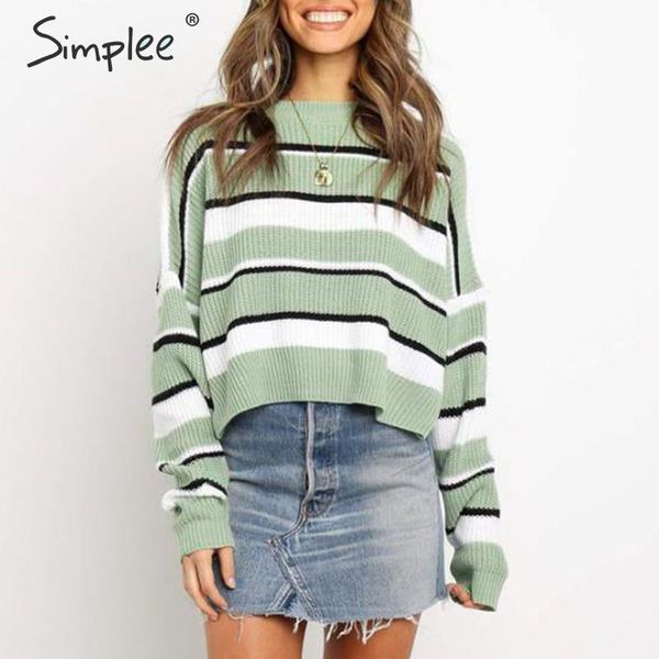 

simplee stripes casual knitted women pullover sweater long sleeve oversize autumn winter female jumper streetwear ladies sweater, White;black