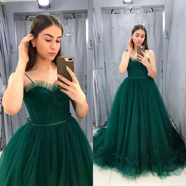 

simple dark green a line tulle prom dresses robes de soirÃ©e spaghetti strap ruched long formal evening gowns, Black
