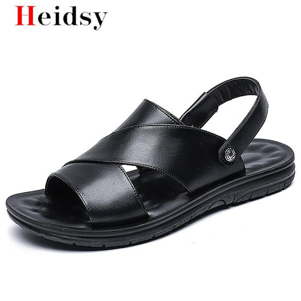 

men's sandals genuine leather breathable beach outdoor shoes 2020 summer new roman men sandals slippers soft bottom, Black
