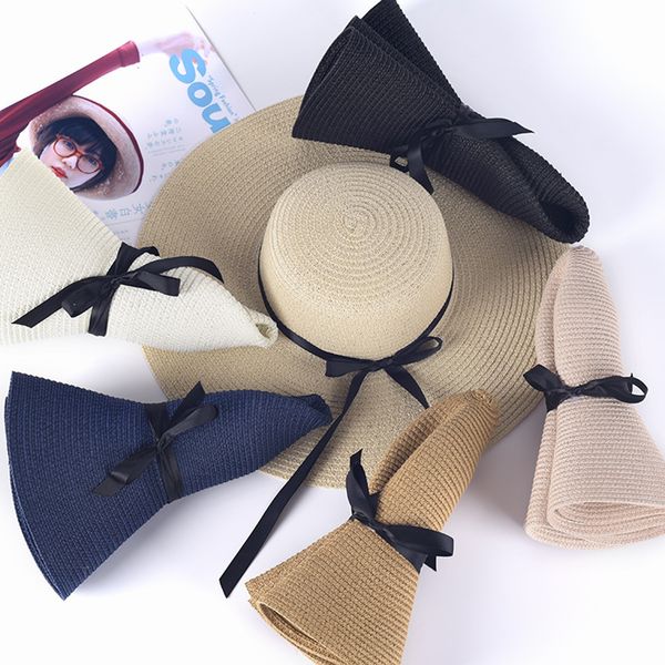 

1pcs fashion women's summer straw sun hat female sunscreen folding beach hats panama outdoor uv protection wide brim cap, Blue;gray
