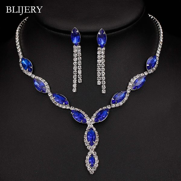 

blijery silver plated royal blue crystal wedding jewelry sets for women leaf tassel long necklace earrings bridal jewelry sets, Slivery;golden