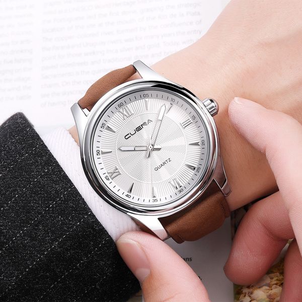 

guena luxury sport men watch leather band stainless steel dial quartz watch wristwatches gift new relogio masculino a40, Slivery;brown