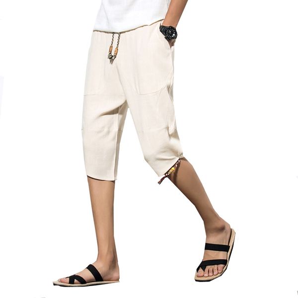 

mens cropped trousers 2019 fashion summer shorts male chinese style casual loose drawstring mid rise elastic waist pants m-5xl, Black