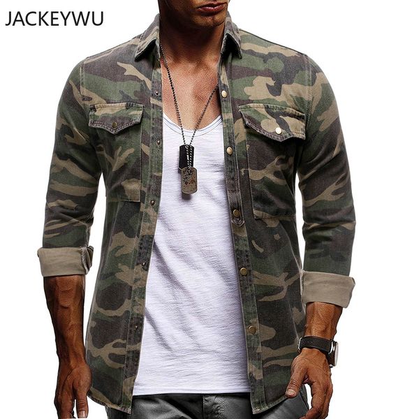 

denim shirt men 2019 fashion camouflage jean long sleeve casual shirts high grade hip hop streetwear sportswear overalls outwear, White;black