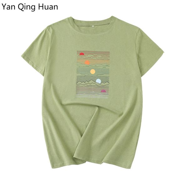 

summer casual army green short-sleeved cotton t shirt sea sunset printing harajuku o-neck women's tees ladies large size, White