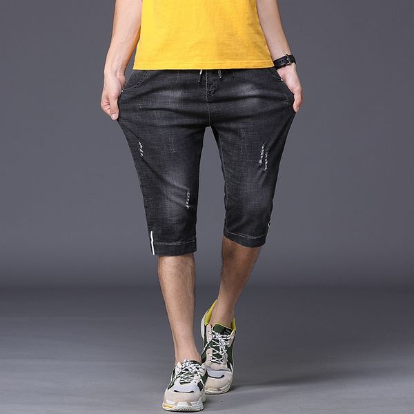 

2020 summer new men's stretch calt-length pants short jeans fashion casual slim fit elastic denim shorts male brand clothes, Blue