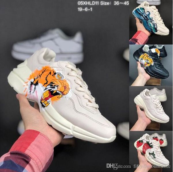 

2019 rhyton leather sneaker mens designer shoes with strawberry wave mouth tiger print luxury vintage trainer women designer shoes, Black