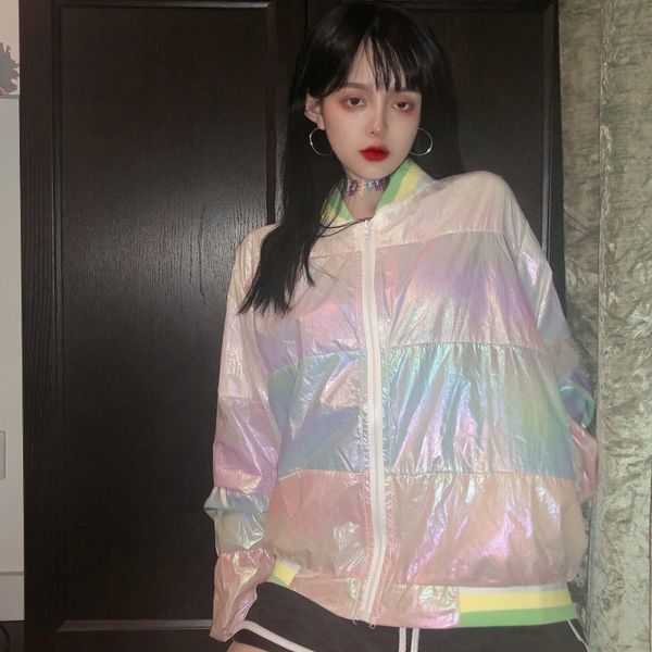 

women's jackets harajuku women thin spring summer bling multicolor striped clothing streetwear long sleeve zipper coats korean, Black;brown