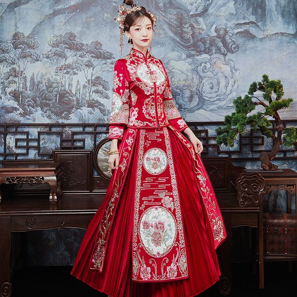 

ethnic clothing xiuhe red chinese wedding dress female cheongsam gold slim traditional hexiu women qipao for party