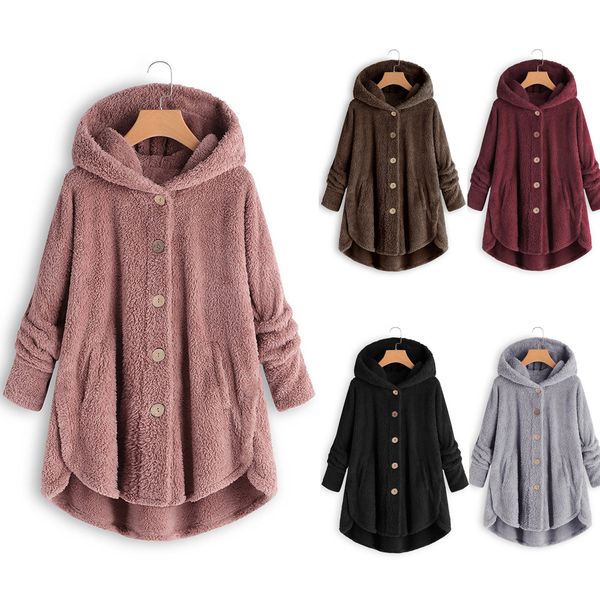

2019 autumn new women's button plush shirt irregular solid color ladies hooded collar single-breasted long size large coat, Black;white