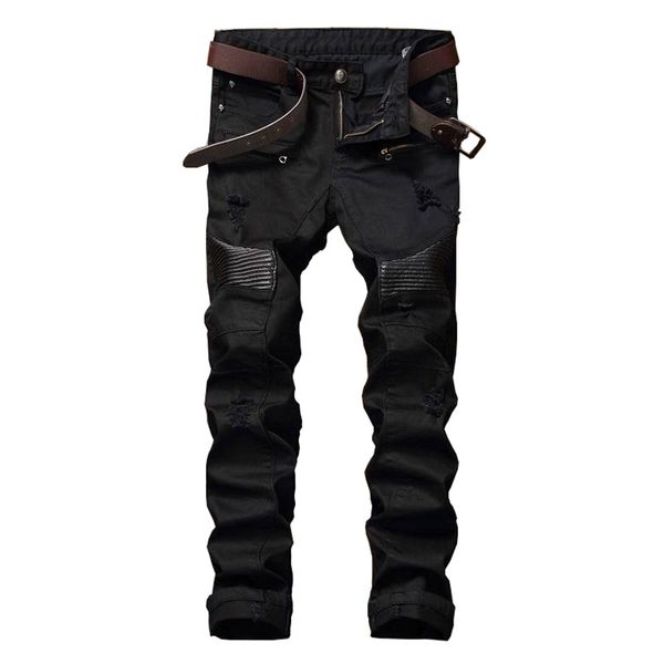 

new hi-street men ripped biker jeans pants leather patchwork distressed denim slim fit straight trousers red white black jean, Blue