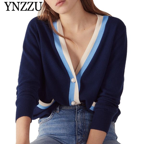 

ynzzu hit color pearls knitted cardigan women 2019 spring v neck single breasted women's sweater cardigan loose coat women yo795, White