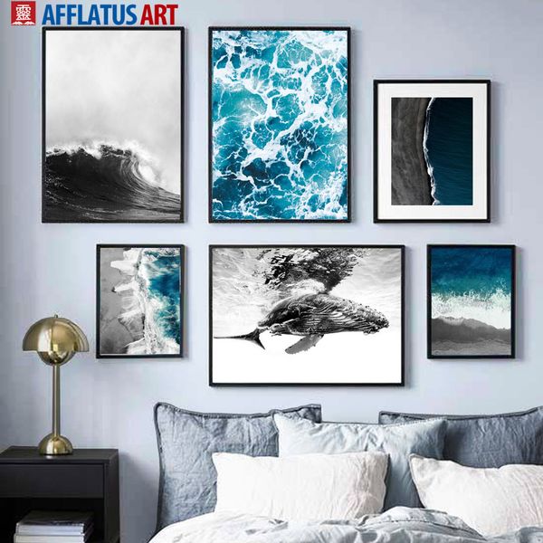 

blue sea black white wave beach whale wall art print canvas painting nordic posters and prints wall pictures for living room