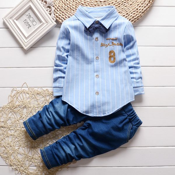 

baby boy clothes 2018 korean leisure striped long sleeved shirts + jeans 2pcs infant clothing kids bebes jogging suits y18120303, White