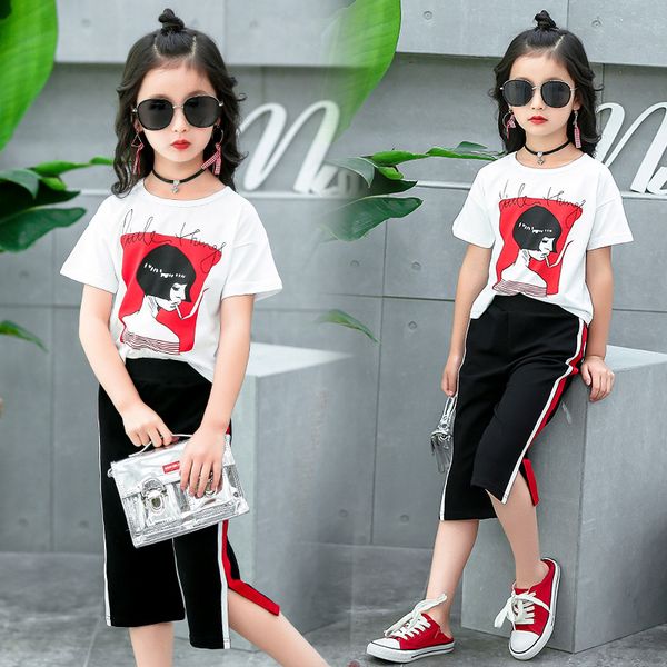 

outfits for teenage girls clothing modern t-shirt and cropped trousers 2 piece set children young girl clothes 4 to 12 years, White