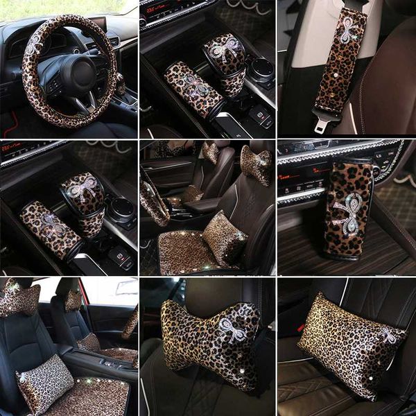 

luxury leopard printing car seat belt cover pad neck pillow waist support steering wheel cover auto interior accessories