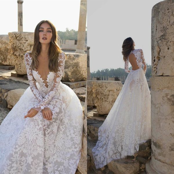 

2020 bohemian wedding dresses v neck appliqued long sleeves bridal gown backless ruffle sweep train custom made lace robes de mariÃ©e, White