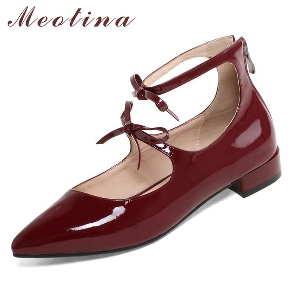 

meotina cow leather flats women shoes natural genuine leather flat ankle strap shoes bow zipper pointed toe ladies size 39, Black