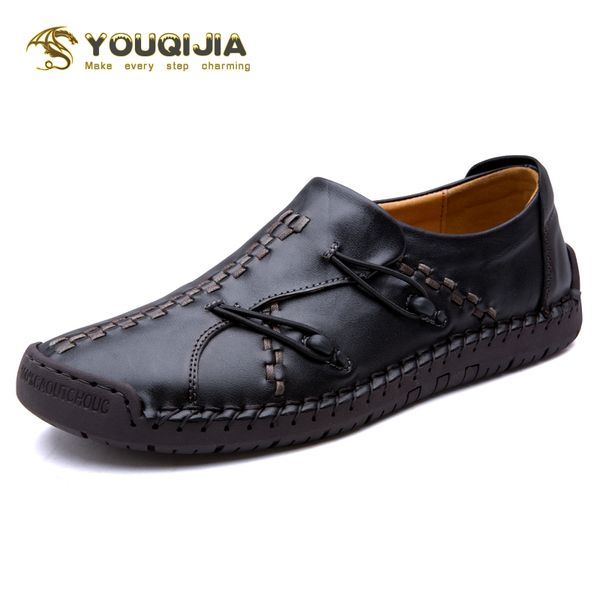 

youqijia genuine leather loafers men moccasin slip on sneakers flat causal men shoes male footwear boat shoes, Black