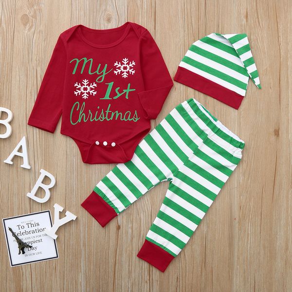 

newborn infant baby boy girl romper +striped pants+hat christmas outfits set #68p, White