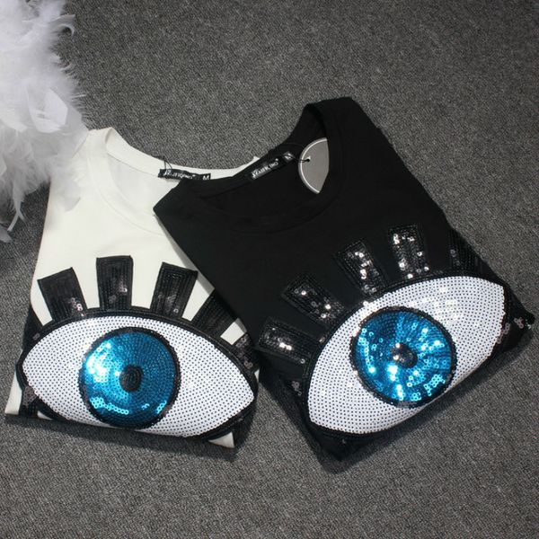 

женщины футболка женщины топ шикарный аппликация женские глаза блестки т тройники хлопок смешанные с коротким рукавом блестками вышивка повс, White