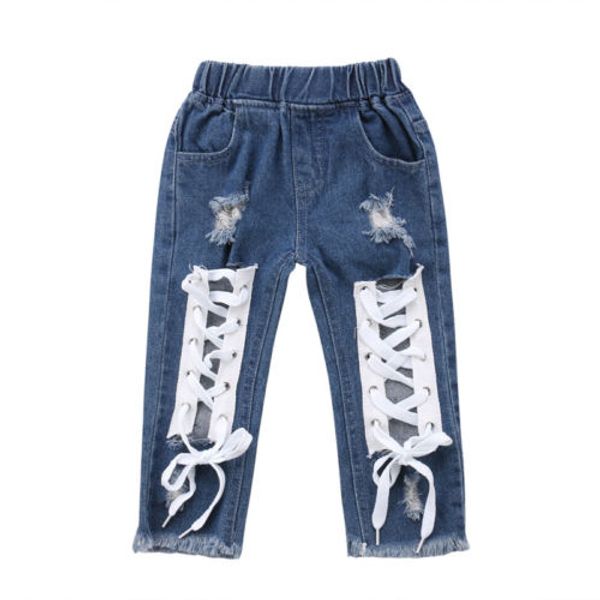 

fashion kids clothes toddler kids baby boy girl bandage denim pants jeans bottoms long pants girls, White