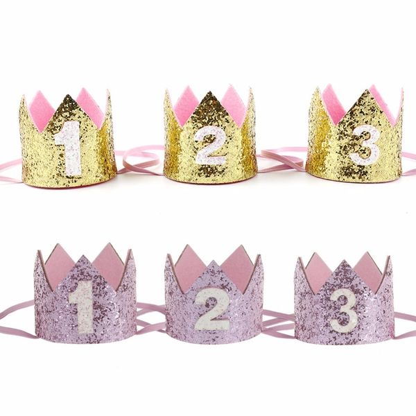 

boy blue silver first birthday hat girl gold pink princess crown number 1 2 3 year old party hat glitter birthday headband