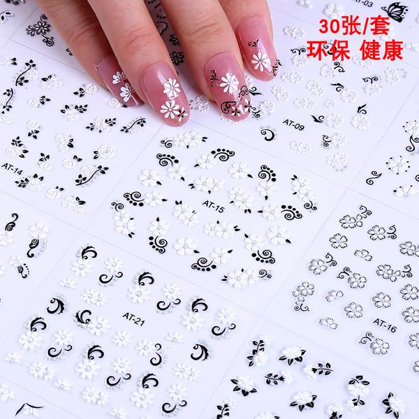 

30pcs mixed styles watermark feather cartoon stickers nail art water transfer tips decals beauty temporary tattoos tools, Black