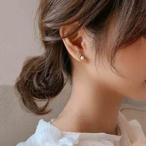 

sweet women earrings leaf pearl gold stud earring set elegant simple birthday party jewelry gifts accessories, Golden;silver