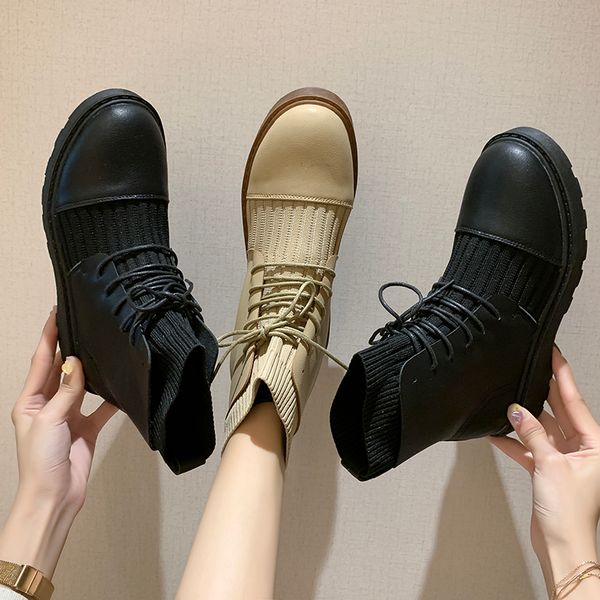 

winter boots lady women's shoes platform boots-women luxury designer round toe booties woman 2019 low heel lace up 2020 clogs, Black