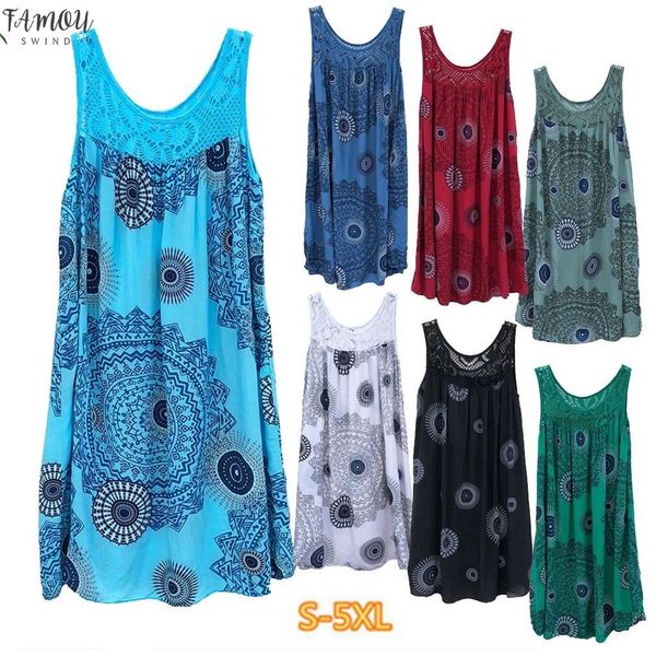 

loose sleeveless mini dress women new fashion lace stitching print summer dress o neck hollow out beach short dress s-5xl#ew, Black;gray