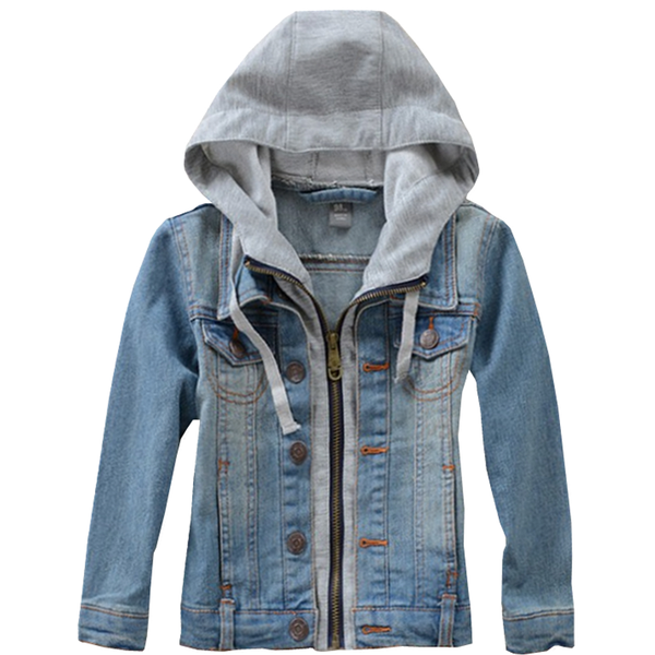 

children's denim jackets fashion kids hooded style cotton boy's denim coats big child boy solid color jacket coat, Blue;gray