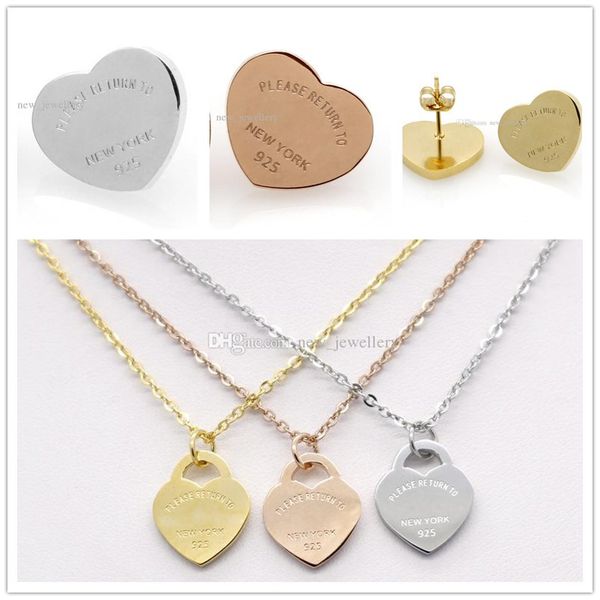 

silver gold color titanium stainless steel letter t heart earrings necklace for women lady fashion love wedding brand jewelry set