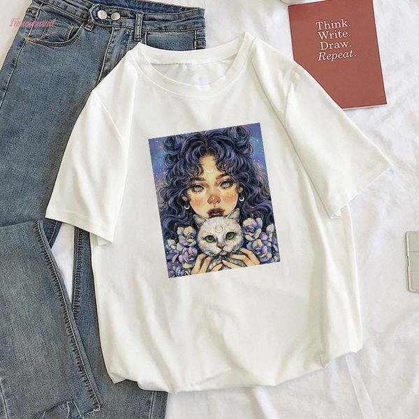 

корея старинные летние harajuku тройники мультфильм звезда большой размер свободные женские топы с коротким рукавом ulzzang миф цветок искус, White