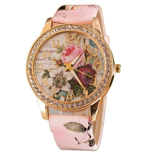 

fashionable personality women luxury rhinestone inlaid flower round dial faux leather band quartz wrist watch ladies gift ladie, Slivery;brown