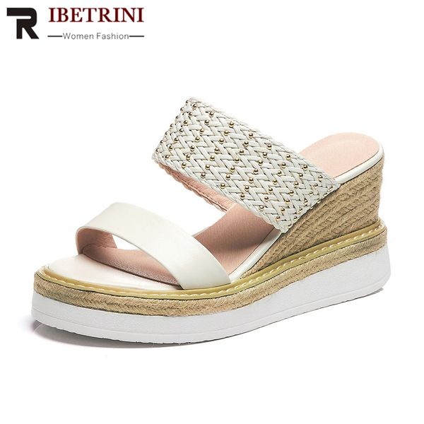 

ribetrini brand design genuine leather ins ladies wedges high heels platform shoes woman casual party summer slippers, Black