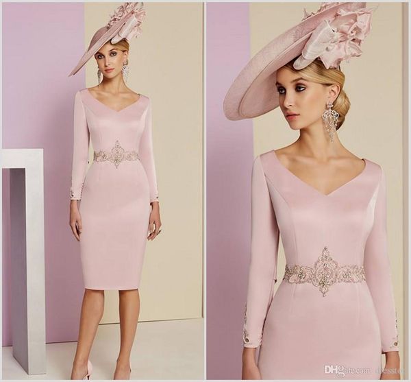 

elegant pink mother of the bride dresses v neck long sleeves mermaid evening dress knee length beaded formal wedding guest gowns cheap, Black;red