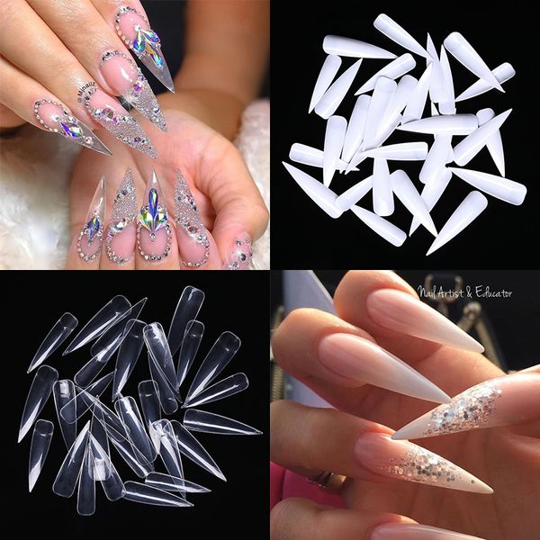 

50pcs/set nails fake nail tips natural white transparent sharp long french false nail art tips 10 sizes fake nails diy, Red;gold